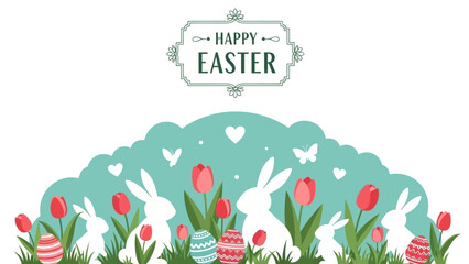 A vibrant illustration celebrating Easter with white bunny silhouettes, red tulips, decorated eggs, and a "Happy Easter" banner on a teal background.