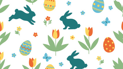 A vibrant seamless pattern featuring teal bunnies, colorful Easter eggs, orange tulips, and small butterflies on a white background, perfect for spring celebrations.