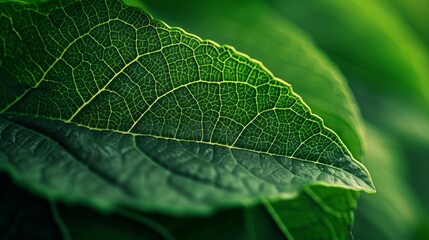 Fototapeta premium Macro photo of a green leaf with detailed vein structure. Close-up on plant texture and pattern. Natural biology background