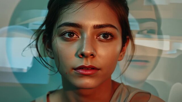 Turning woman rotating head, shifting gaze in studio, responding to ghosted duplicate projection