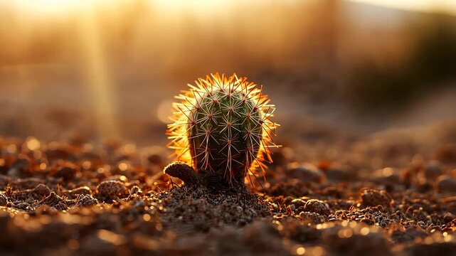 Shifting sun backlighting small round cactus at desert closeup, highlighting spines and pup
