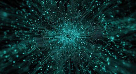 Teal-toned digital data visualization. Abstract electronic pathways, glowing dots radiating outward