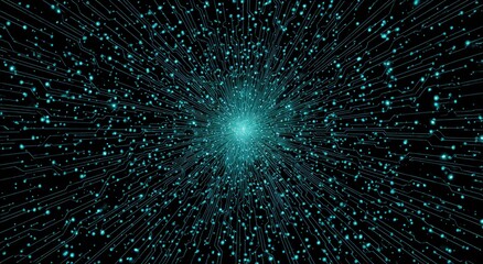 Digital abstraction featuring a circuit board design radiating outwards, luminescent aqua elements