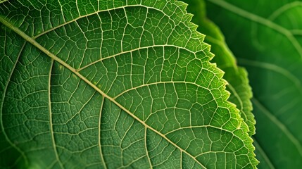 Obraz premium A detailed macro of a vibrant green leaf texture. Close-up on the intricate vein pattern and cellular structure of a plant. Natural botanical background