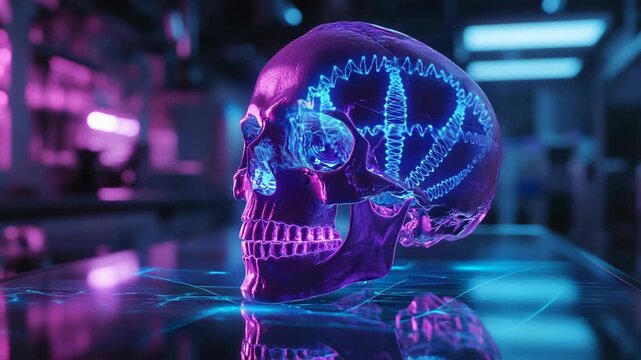 A transparent neon human skull placed on a reflective surface under cyber lighting anatomy and futuristic art, combining elements of biology, science, and digital innovation in high-definition detail