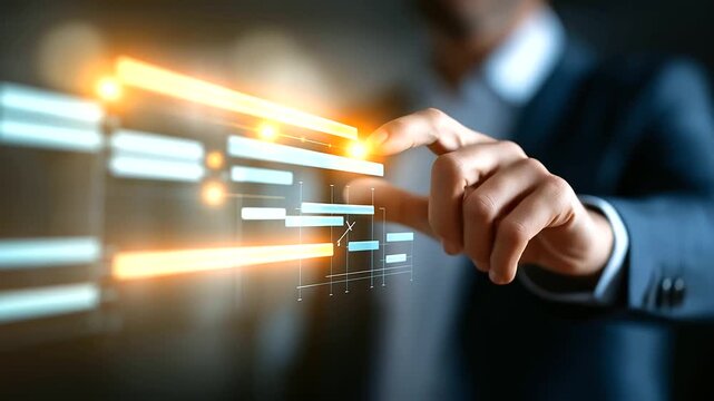Time management project planning visualization on screen faceless professional working defocused office background business internet technology concept scheduling interface