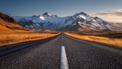A long, straight asphalt road disappears into the distance between golden fields and snow-capped peaks