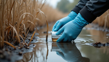 Person performing water sample testing in a rural environment, collecting liquid from muddy field. Gloved hands carefully collect a water sample for testing, surrounded by dry agricultural crops.