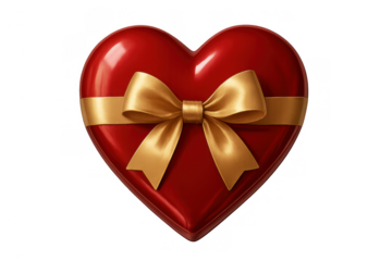 Red heart gift box with golden ribbon for romance, love, celebration, and special occasions, transparent background
