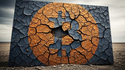 Stained glass window in an old stone church wall contrasted with a cracked, dry earth texture pattern