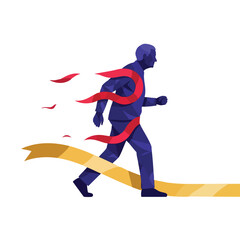 Fototapeta premium A stylized businessman in a blue suit crosses the finish line with a red ribbon trailing behind him.