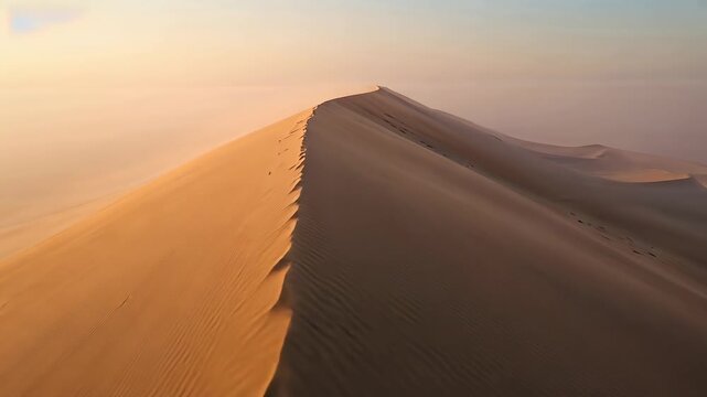 Advancing drone camera moving forward along dune crest in desert, showing footprints and ripples