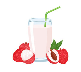 Lychee juice and fresh fruits isolated on white background. Fruit drink icon. Vector flat cartoon illustration. 