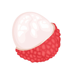 Lychee half peeled isolated on white background. Vector cartoon flat illustration. Tropical fruit icon