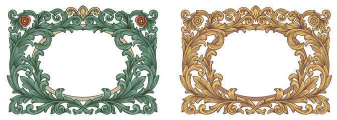 Decorative border frame vector illustration. Gold and green, vintage ornamental baroque floral pattern ornate frame.