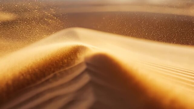 Gusting wind lifting sand grains along dune crest at golden hour, reshaping ridge, forming veil