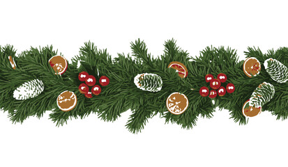 Festive Christmas Garland Border with Natural Pine Branches, Vibrant Red Berries, and Frosted Dried Orange Slices on a Clean White Background