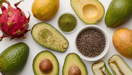 avocado halves arranged with other fresh fruits, seeds, and superfoods in a top-down view. show healthy eating and nutrition concept