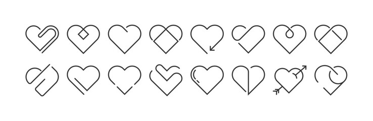 set of geometric abstract logo pink hand draw heart, red doodle line icon heart, romance love elements for Valentine's Day, heart symbol design cards, poster, banner, pattern, advertisement	