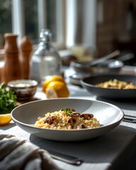 A beautifully lit shot of gourmet meal in a light gray bowl