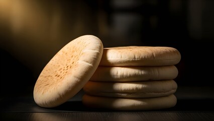 Freshly baked flatbreads stack on dark background with dramatic lighting.