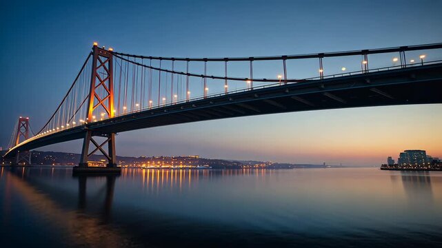 Panning camera moving right, reframing suspension bridge at dusk, revealing shoreline reflections