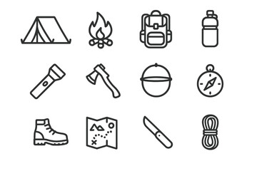 Fototapeta premium Camping Essentials Icons. Camping essentials. Line outline icon set of camping essentials: tent, campfire,