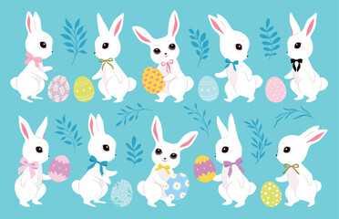 Cute Easter bunnies, color clothes, cutie bows, pattern eggs. Spring collection. Sticker design. Set of easter eggs, cute white rabbits. Happy Easter. Greeting cards, birthday decoration, poster art