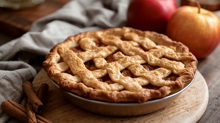 An appetizing close-up of a freshly baked apple pie with lattice crust, accompanied by two apples and cinnamon sticks