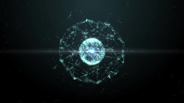 Rotating particle sphere video footage, suitable for use as background for opening subtitles in animations, 4K.