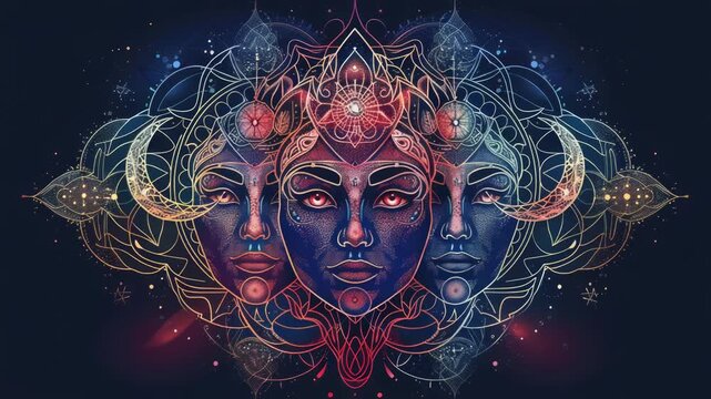 Video A of three faces surrounded by a decorative pattern, perfect for use in designs and s