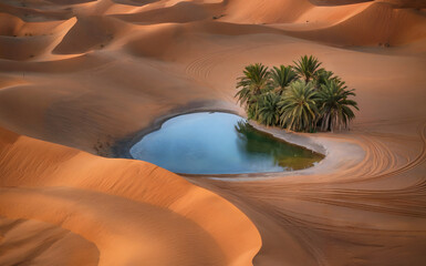 Aerial view of heart shaped oasis in desert sand dunes with blue water and green palm trees, nature landscape background, luxury travel, safari adventure, summer tourism, love symbol, dubai, sahara.