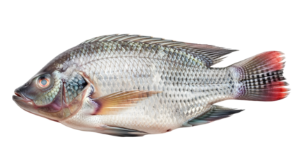 Detailed side view of a red devil cichlid fish digitally isolated on transparent background