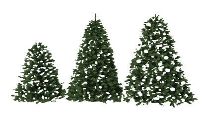 Versatile collection of three artificial evergreen Christmas trees in varying heights, adorned with subtle snowy texture, ideal for holiday season graphic designs and festive visual content