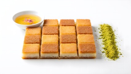 Traditional Middle Eastern Basbousa or Kunafa dessert with syrup and pistachios on white background.