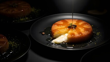 Golden Dessert with Creamy Filling and Pouring Honey on Black Plate.