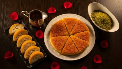 Traditional Middle Eastern Kunafa Dessert with Syrup and Pistachios.