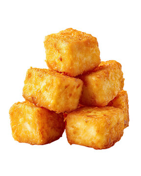 Fried tofu stacked PNG die-cut in a clean studio scene, with golden fried tofu arranged in a minimal pyramid composition and highlighted fried tofu textures for premium commercial food design