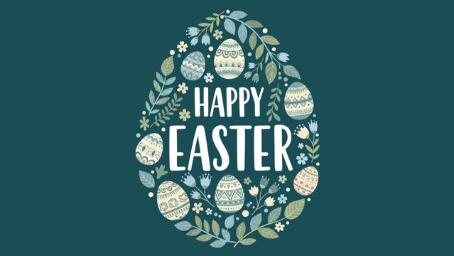 A decorative illustration featuring a large egg shape filled with smaller patterned eggs, leaves, and flowers, with 'HAPPY EASTER' text in the center on a dark teal background.