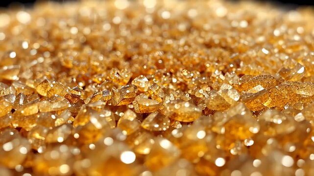 Pulling back, camera revealing faceted golden crystals in studio, exposing finer facets and bokeh