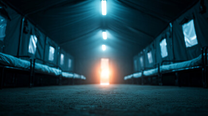 Mobile field hospital interior with beds and bright light entrance, creating hopeful atmosphere