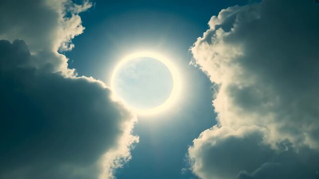 Emerging sun disk showing luminous halo and rays through clouds opening in sky, clouds moving apart