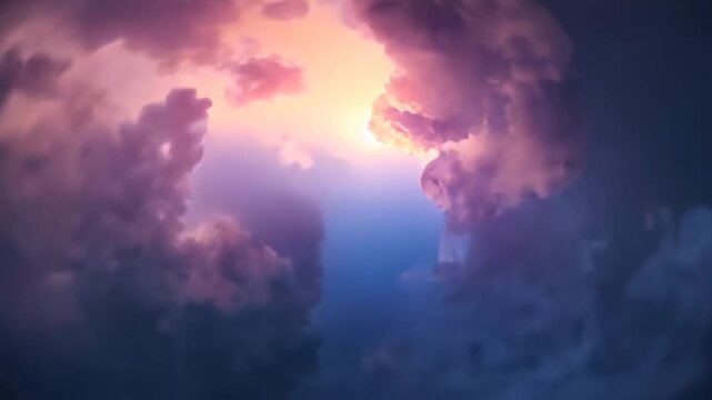 Sunlight piercing cloud bank, cumulus clouds widening central aperture in sky, backlighting turrets
