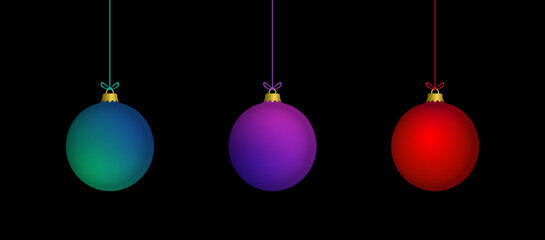 Christmas 3d purple, blue, red hanging balls set vector illustration on black background. Merry christmas baubles set to use for christmas card, greetings, xmas, winter holiday, new year projects. 