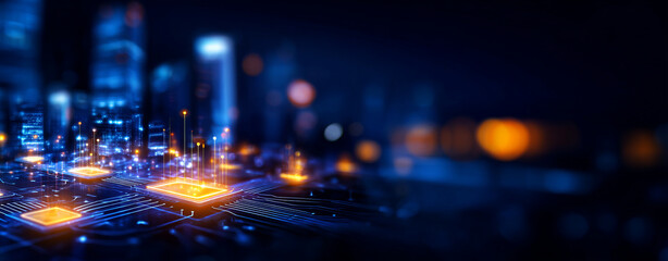 Obraz premium Digital technology landscape with glowing circuits and city skyline