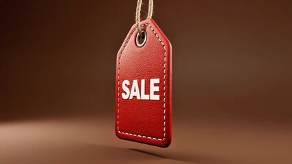 Red 3D sale tag with prominent 'SALE' text and stitching, suspended by a twine string, representing attractive discounts and promotional shopping opportunities