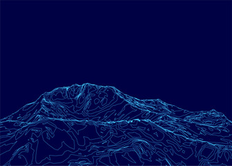 A blue line drawing of a mountain terrain contour stands out against a dark blue background.