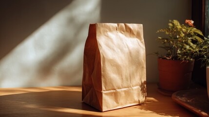 Light brown paper bag on table with soft sunlight illuminating texture and shape, elegant minimalist atmosphere.