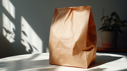 Light brown paper bag on table with soft sunlight illuminating texture and shape, elegant minimalist atmosphere.