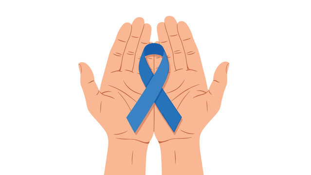 Hands holding a blue ribbon on symbolizing awareness and support for a cause
